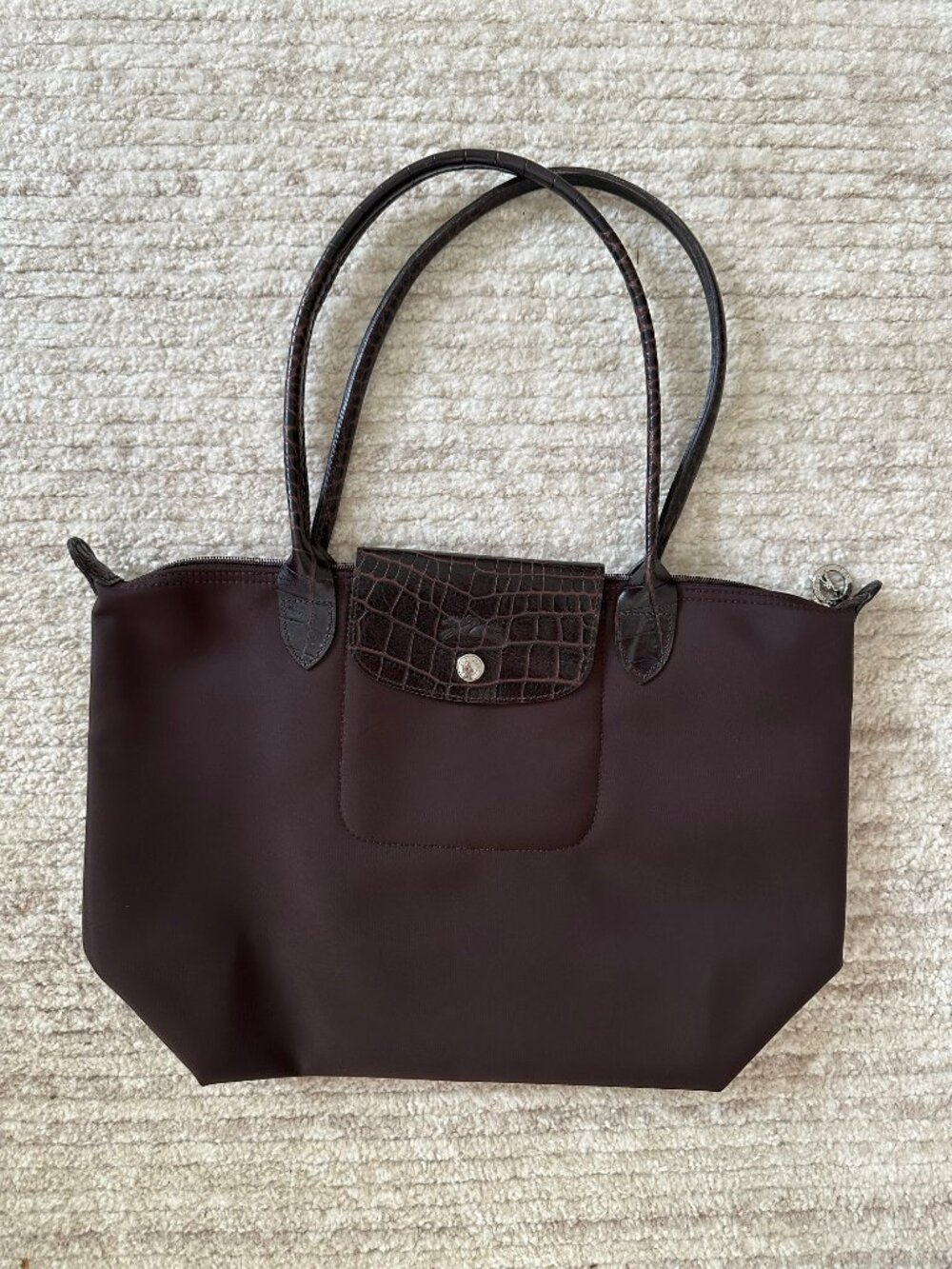 Longchamp Le Pliage Medium Tote – Brown with Croc Embossed Flap - Picture 2 of 5